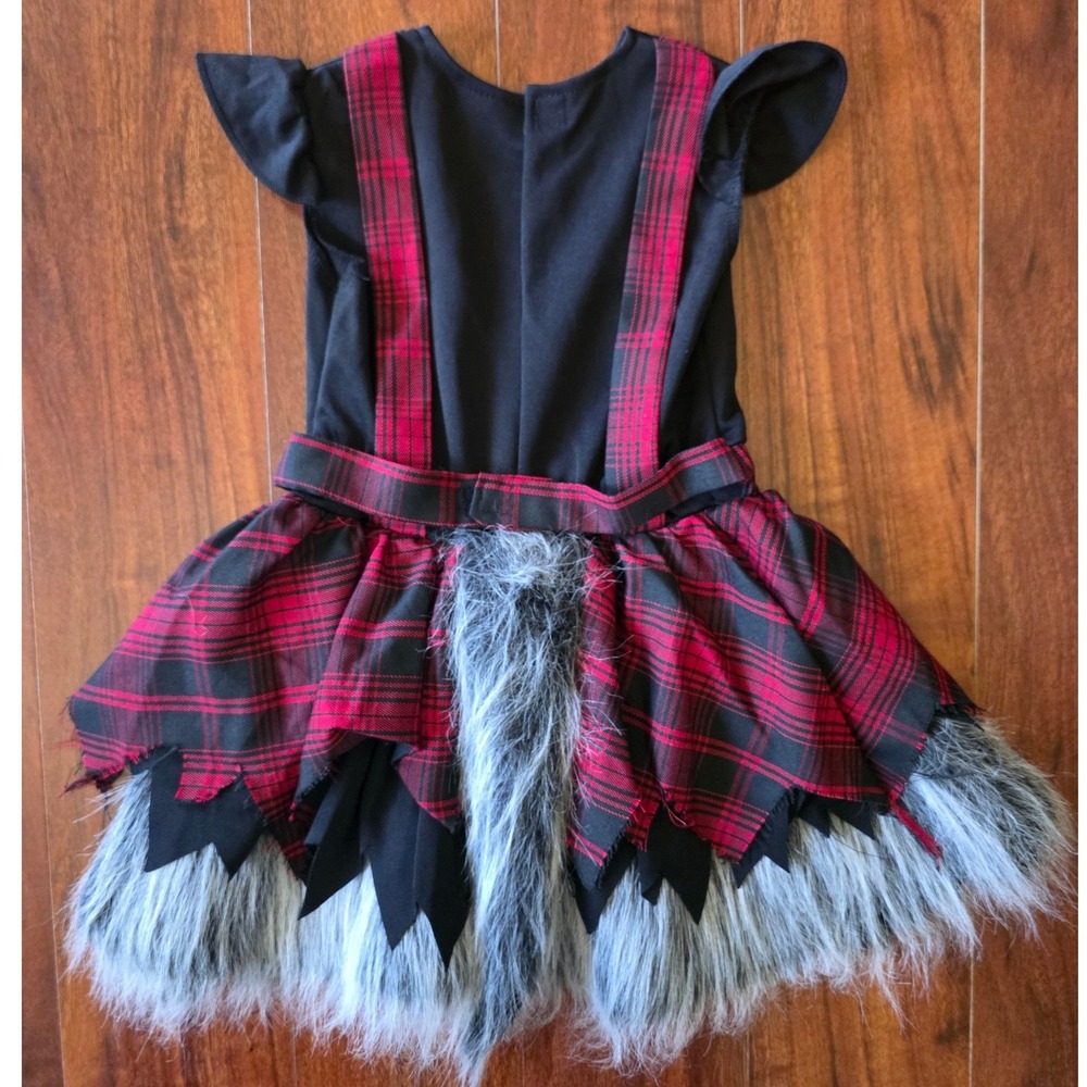 Spirit Halloween Werewolf Costume Dress Toddler 2T Red Plaid Faux Fur Tail Black - Picture 2 of 4